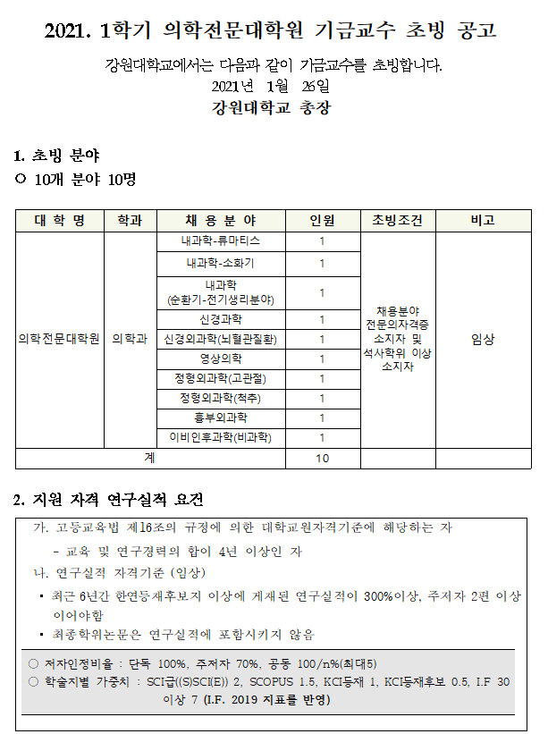 2021.1학기 의학전문대학원 기금교수 초빙 공고